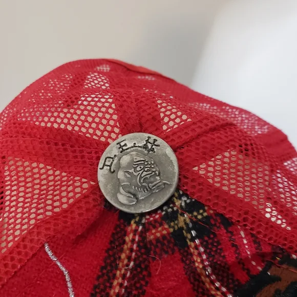 Ed Hardy Snapback Trucker Hat Tiger Plaid Embroidered Red Mesh Vintage Unisex - Picture 4 of 8